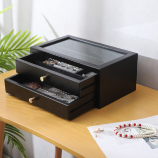 Boite à bijoux en bois à double tiroir noir