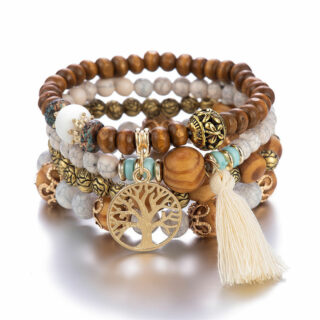Bracelet en bois ensemble arbre de vie blanc