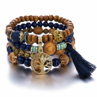 Bracelet en bois ensemble arbre de vie bleu