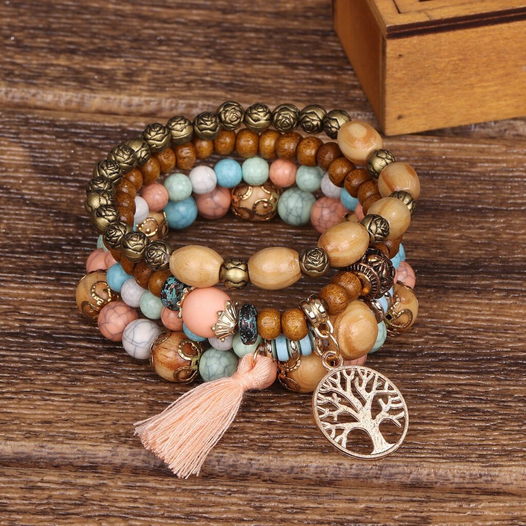 Bracelet en bois ensemble arbre de vie corail