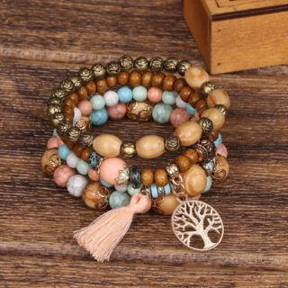 Bracelet en bois ensemble arbre de vie corail