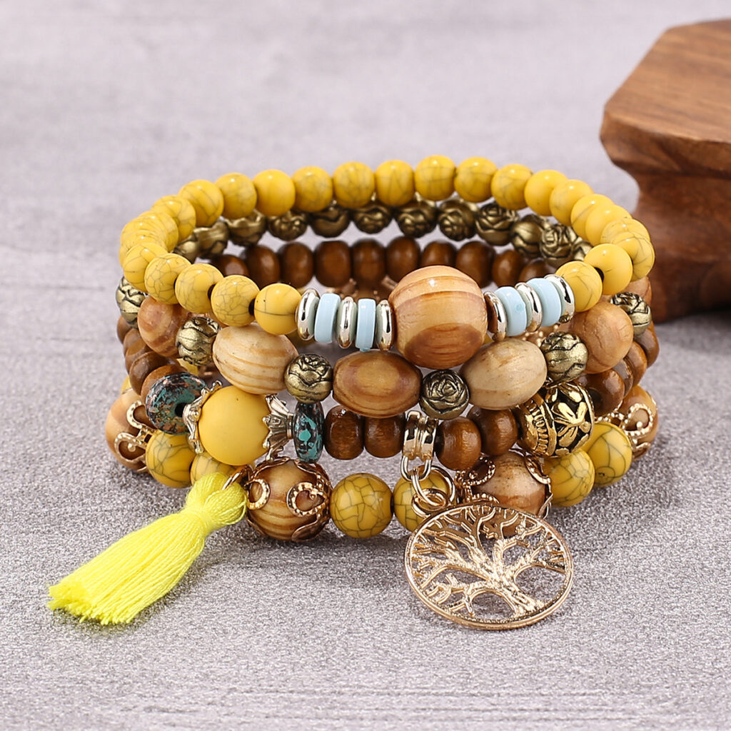 Bracelet en bois ensemble arbre de vie jaune