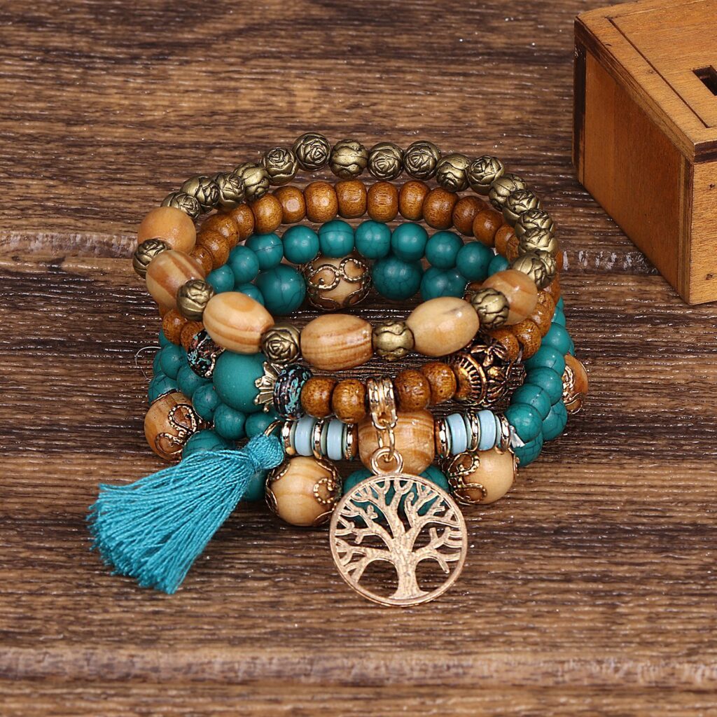 Bracelet en bois ensemble arbre de vie turquoise