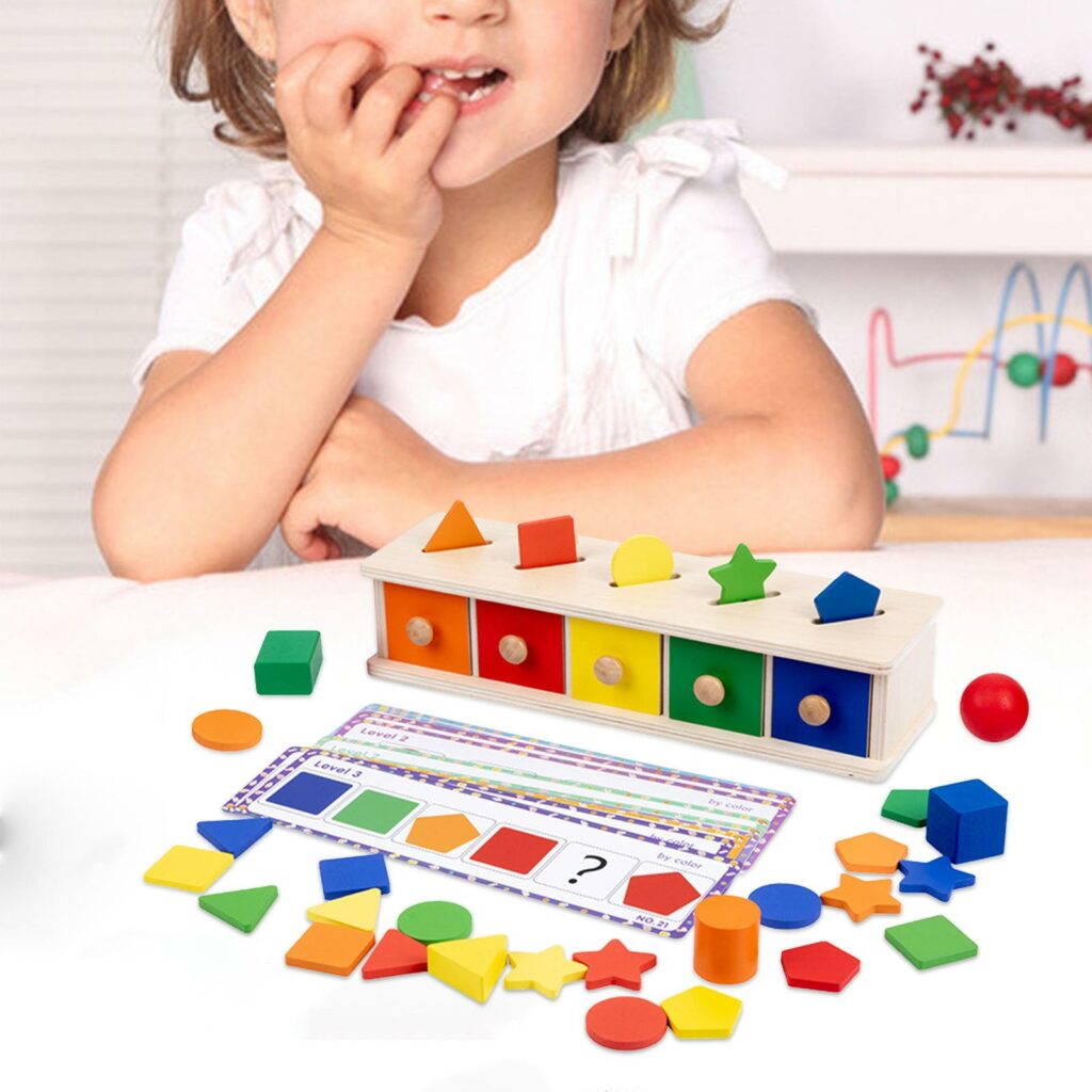 Jouet en bois montessori tiroir a formes geometriques