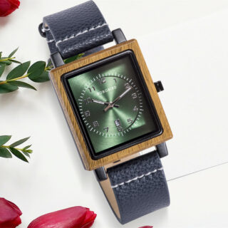 Montre en bois et cuir bleu