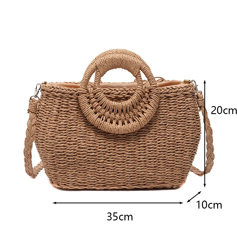 Sac en Paille Tissée avec Anses Rondes en Rotin et Bandoulière Schéma des dimensions du sac en paille : 35 cm de longueur, 20 cm de hauteur et 10 cm d'épaisseur