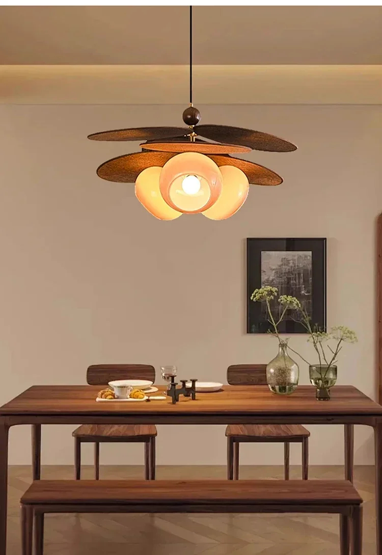 Lustre Retro Bois et Verre Dépoli – Suspension Vintage Lustre Pédale Rétro en Bois et Verre