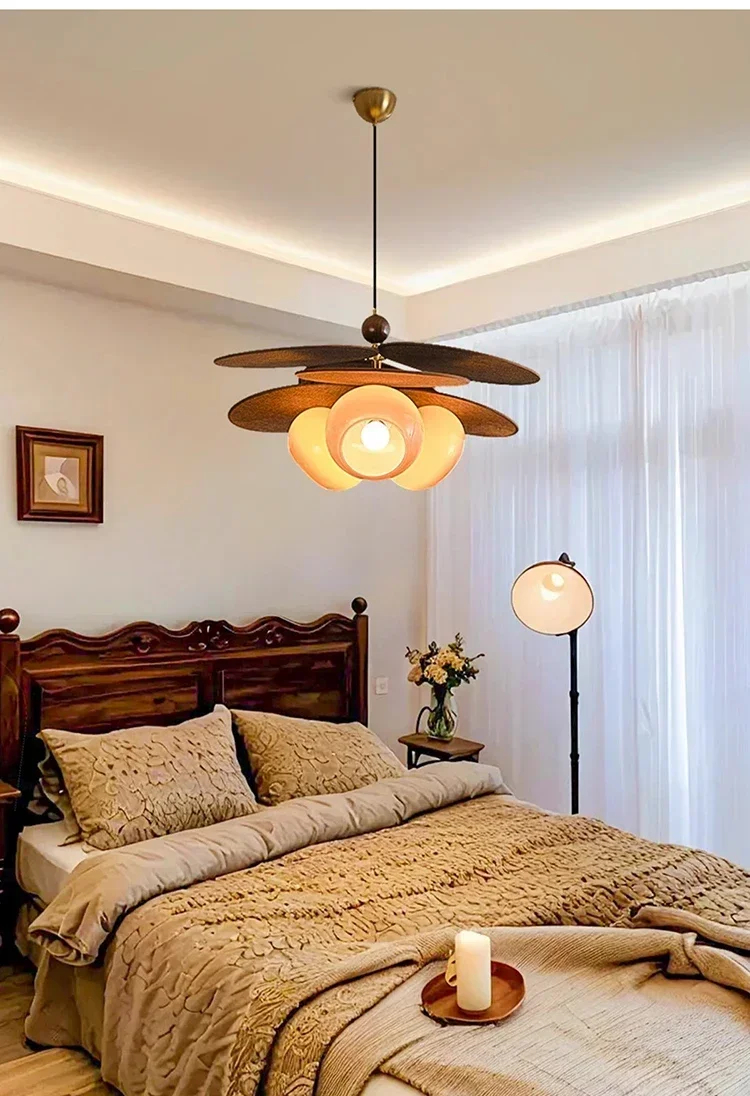 Lustre Retro Bois et Verre Dépoli – Suspension Vintage Lustre Pédale Rétro en Bois et Verre