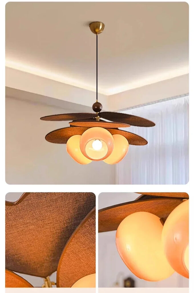 Lustre rétro bois et verre dépoli