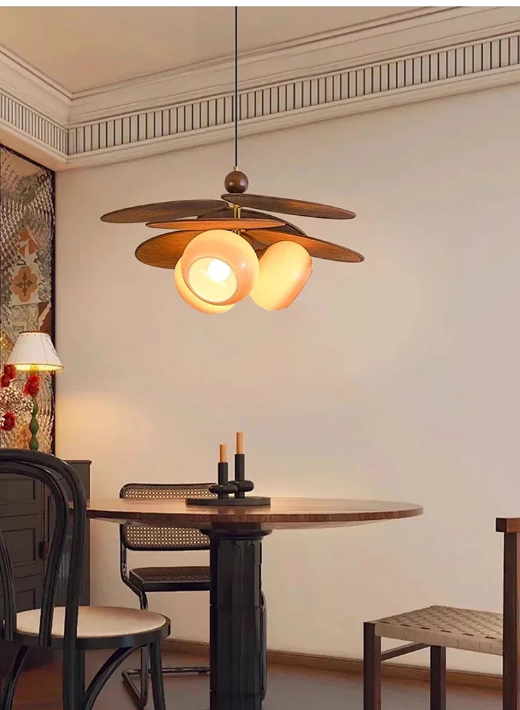 Lustre Retro Bois et Verre Dépoli – Suspension Vintage Lustre Pédale Rétro en Bois et Verre