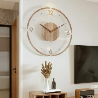 Horloge murale en bois transparente, modèle rond 8813C de 35 cm, avec chiffres 12, 3, 6 et 9